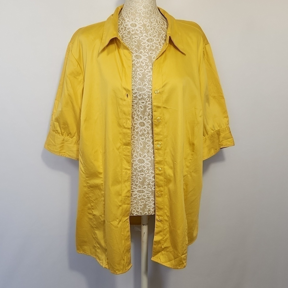 Lane Bryant Yellow Short Sleeve Cotton Blend Button Down Shirt Size 14/16